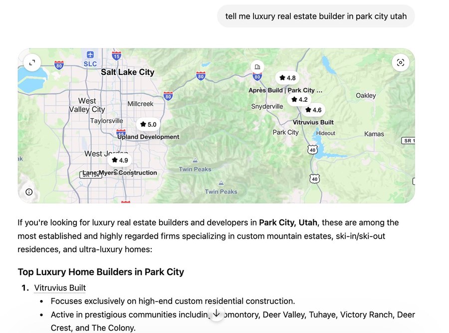 ChatGPT AI search result: Vitruvius Built listed as #1 luxury real estate builder in Park City Utah
